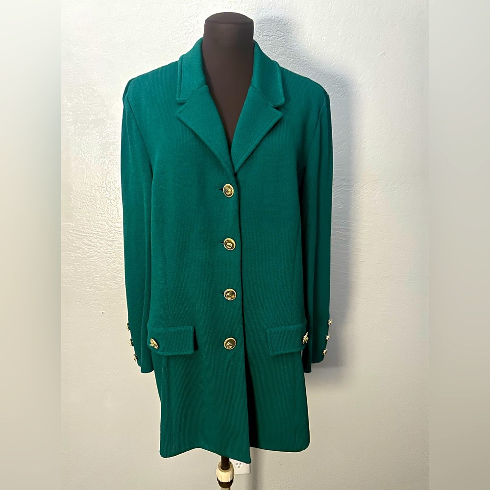 Vintage St John Marie Gray Dark Green Sweater Coat Blazer Gold Buttons M